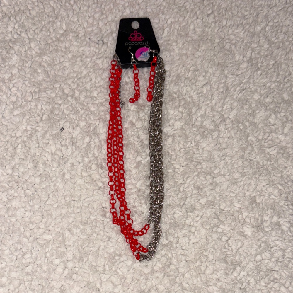 Paparazzi Vibrant Red and Sleek Silver Necklace and Earrings